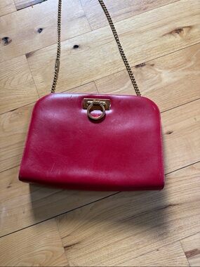 Salvatore Ferragamo Red Leather Cluch or Chain Shoulder Bag with Gold Hardware